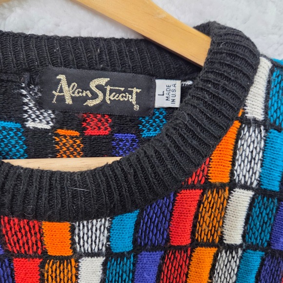 Alan Stuart Mens Knit Sweater Multicolor Checkerboard Pattern Long Sleeve Size L - Picture 2 of 7